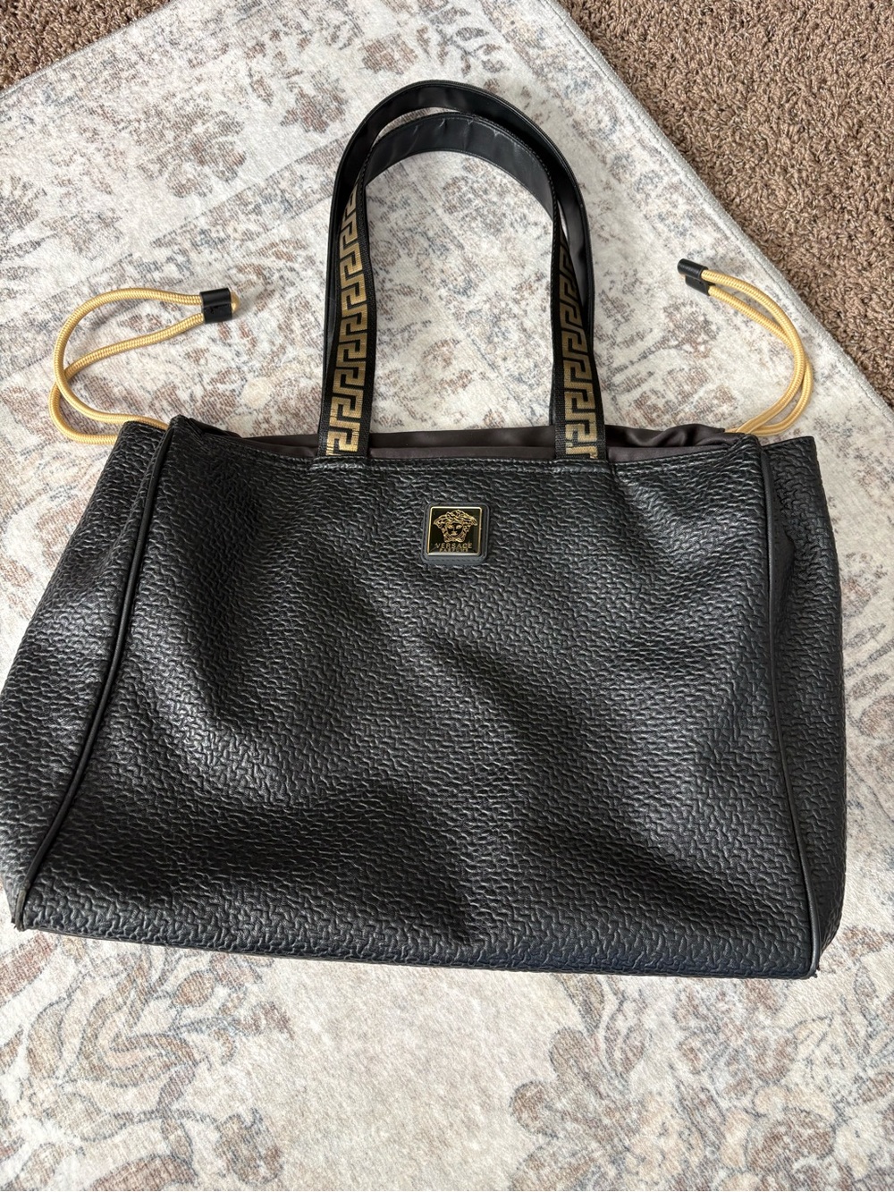 Versace Parfums Black Textured Tote Bag Greek Key Straps Medusa Logo Drawstring